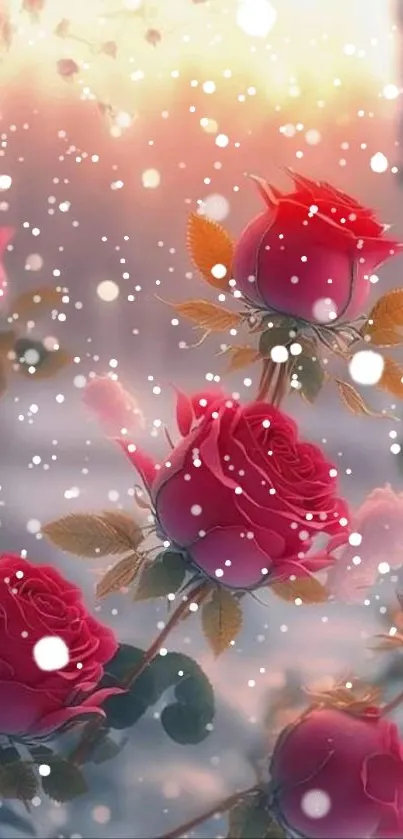 Red roses with a snowy background, creating a serene mobile wallpaper.
