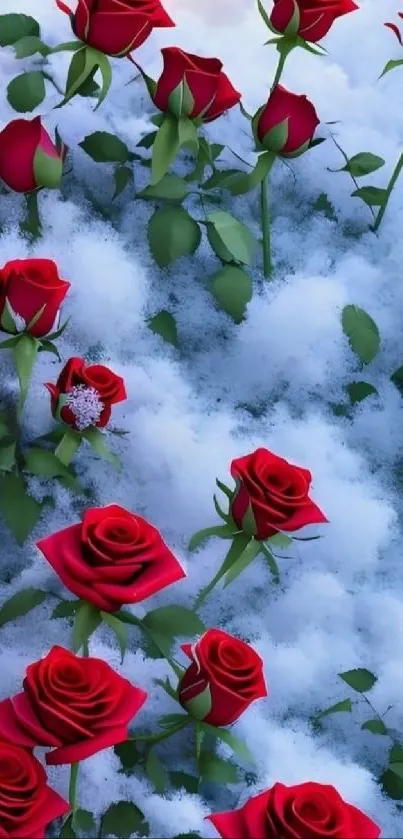 Red roses on snowy background mobile wallpaper.