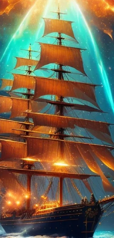 A majestic sailing ship illuminated by cosmic lights against a vibrant night sky.
