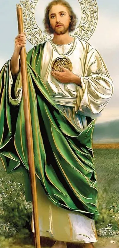 Religious artwork of a saint with green robe and halo on phone wallpaper.