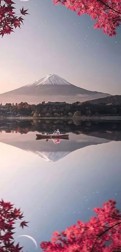 Mobile wallpaper of a mountain with cherry blossoms and a serene lake.