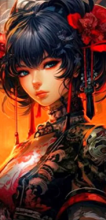 Anime samurai girl in fiery red attire with vibrant background.