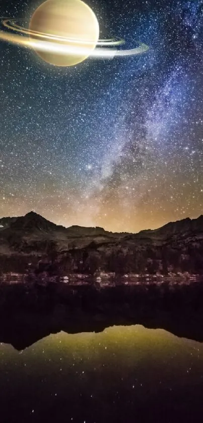 Night sky with Saturn and Milky Way stars shining brightly.