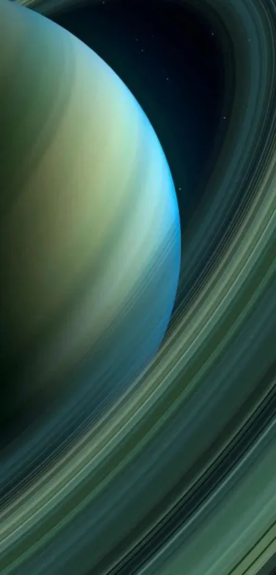 Saturn with its rings in a space-themed wallpaper design.