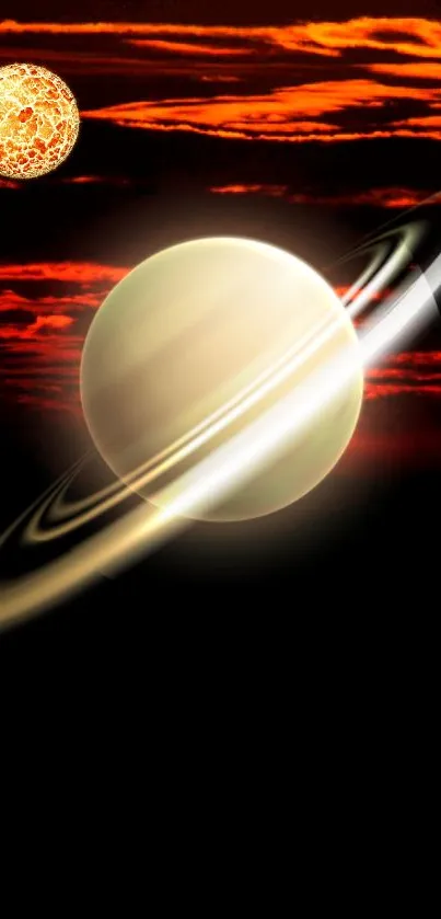 Mobile wallpaper of Saturn with rings against a red cosmic backdrop.