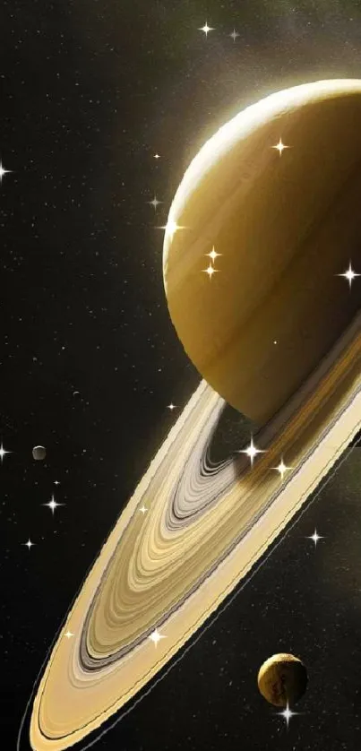 Mobile wallpaper featuring Saturn's rings and moons against a starry sky.