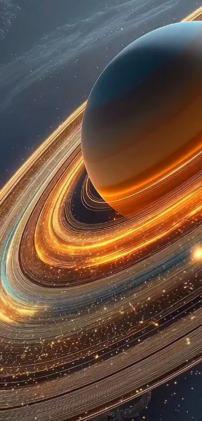 Saturn with glowing rings in space.