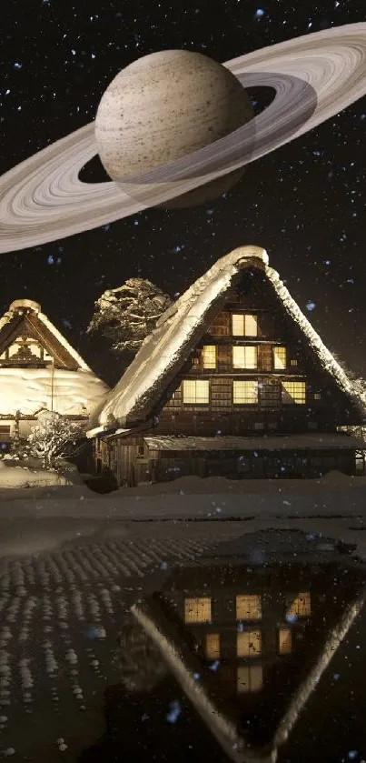 Winter cottage with Saturn in a starry sky, reflecting in a snowy landscape.