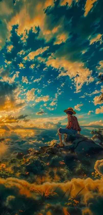 Anime character gazing at sunset sky with clouds.