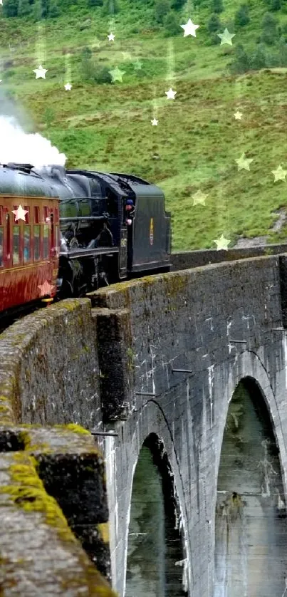 Steam train crossing arched viaduct in lush green landscape.