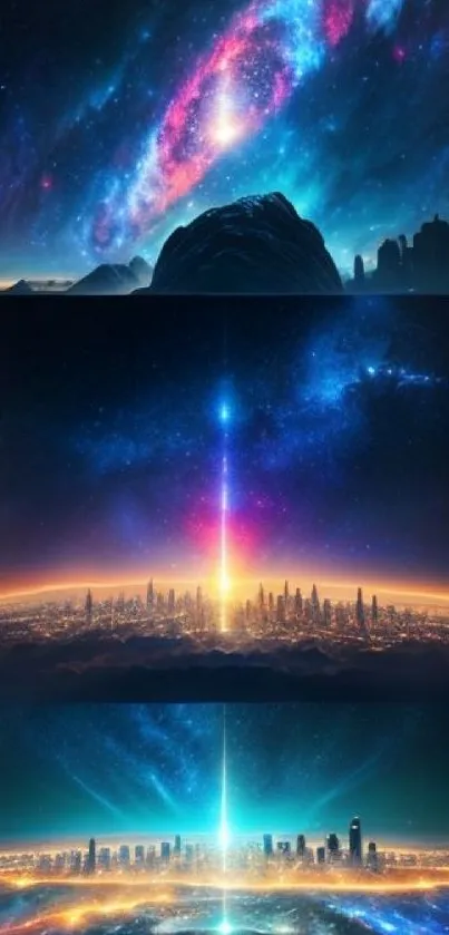Sci-fi cityscape with a vibrant galaxy and futuristic skyline on a phone wallpaper.
