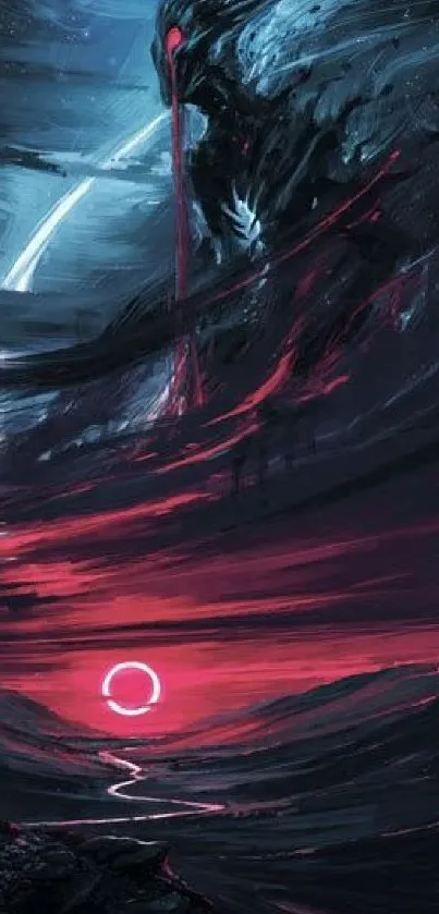 Dark crimson sci-fi digital art with abstract cosmic landscape.