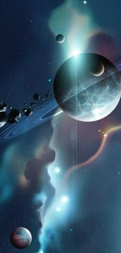 Futuristic galaxy scene with planets and stars on a mobile wallpaper.