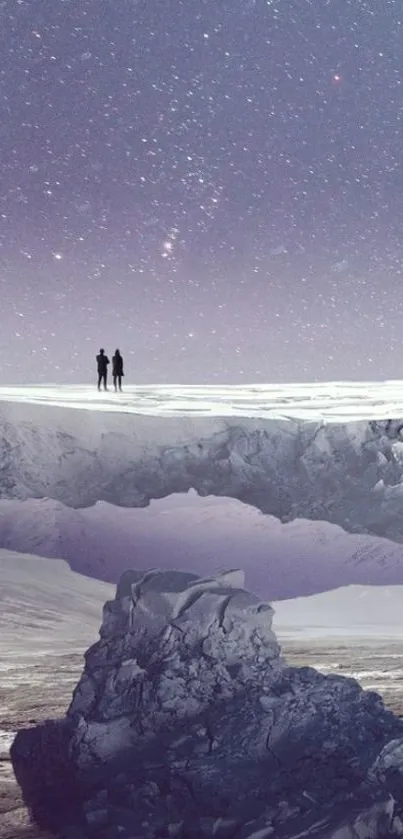 Silhouetted figures on a surreal sci-fi landscape under a starry lavender sky.