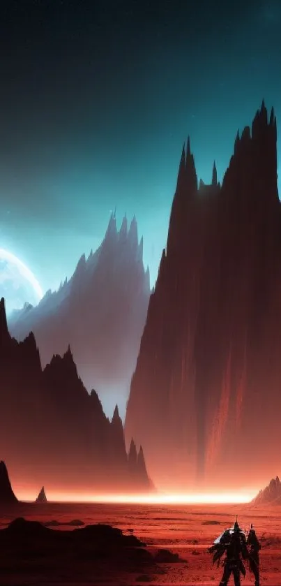 Sci-fi landscape with dark mountains, red terrain, and twin moons.