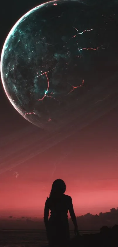 Silhouette beneath a cracked planet in space art.