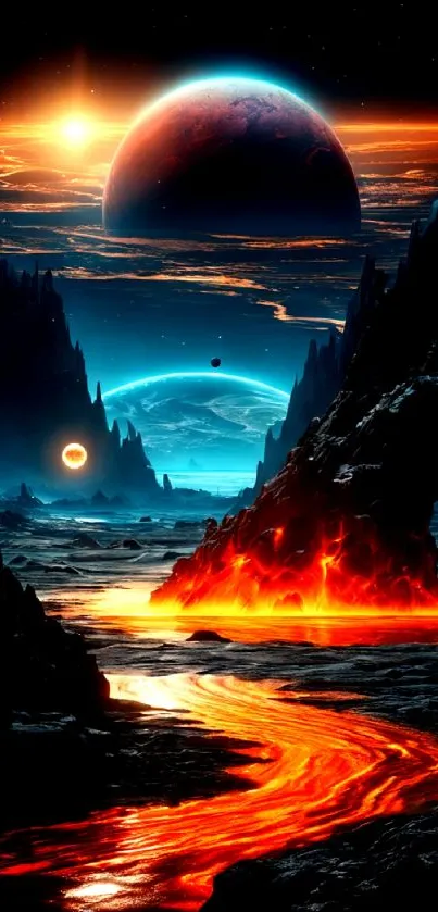 A sci-fi landscape with planets and lava.