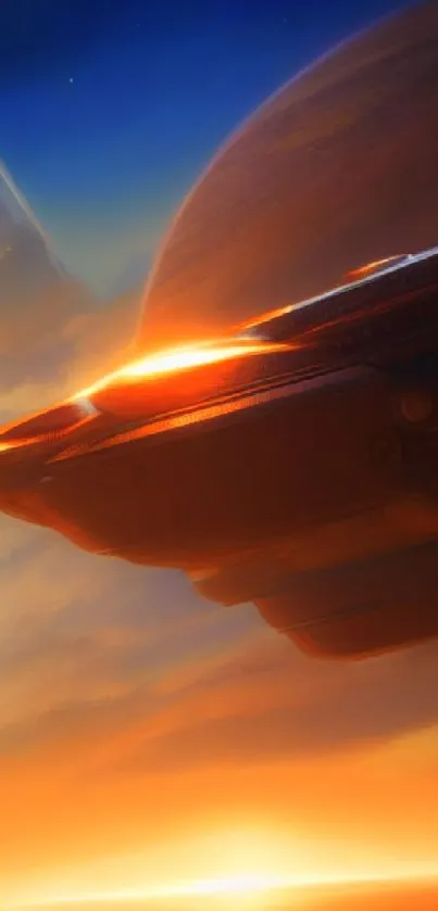 Futuristic spaceship in vibrant sunset space scene.