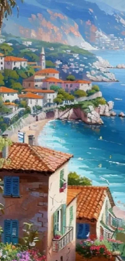 Scenic seaside village with vibrant rooftops by the ocean.