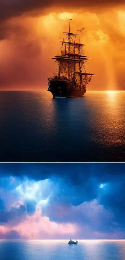 Majestic ship sailing at sunset with dramatic skies and serene ocean reflections.