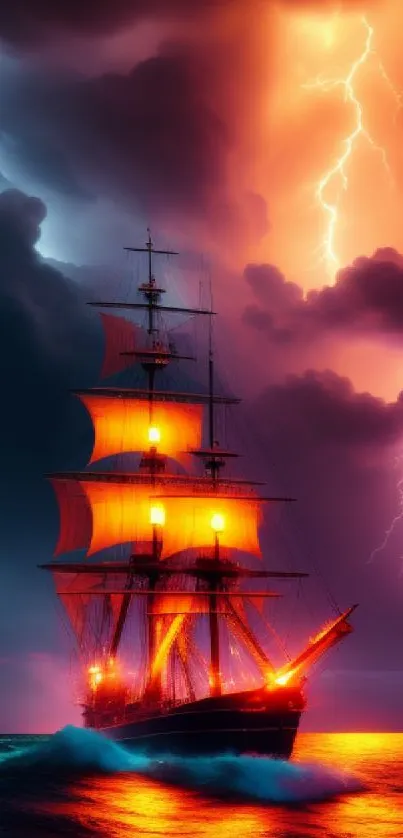 Sailing ship braving stormy seas under a vibrant, lightning-filled sky.