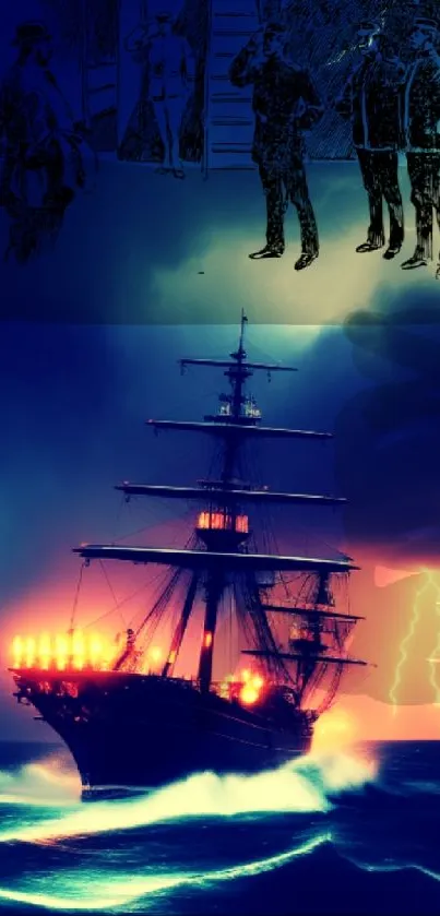 Vintage ship sailing in stormy ocean with dramatic lightning backdrop.