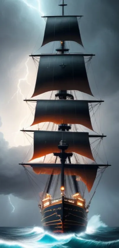 Sailing ship navigates stormy seas with lightning in a dramatic, dark sky.