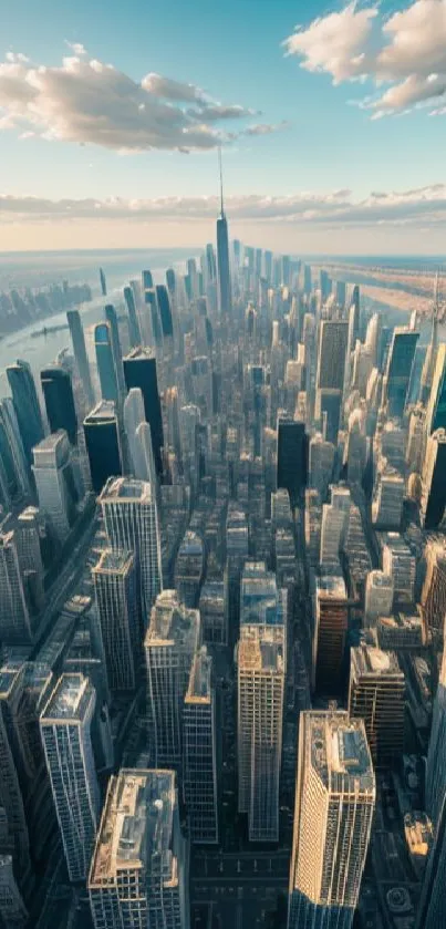 Aerial view of a bustling cityscape with a vibrant skyline under a blue sky.