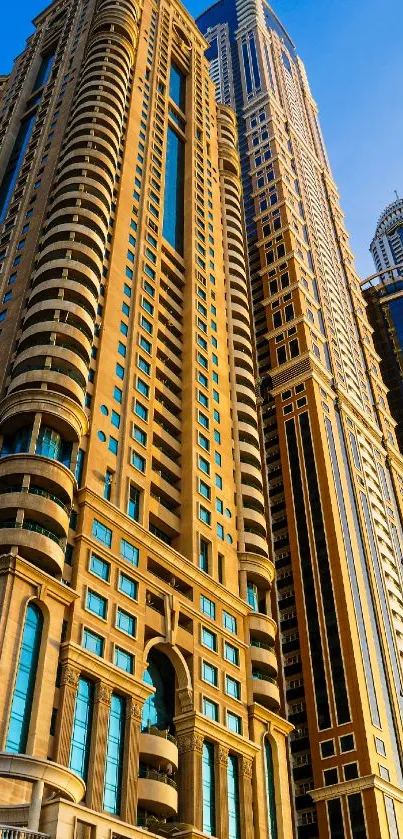 Tall skyscraper buildings under a blue sky reflecting golden hues.