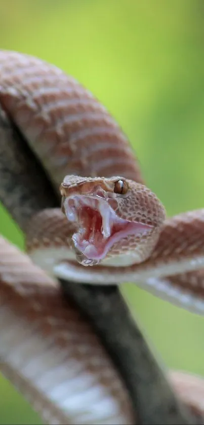 Close-up image of a snake with an open mouth on a branch in a lush green setting.