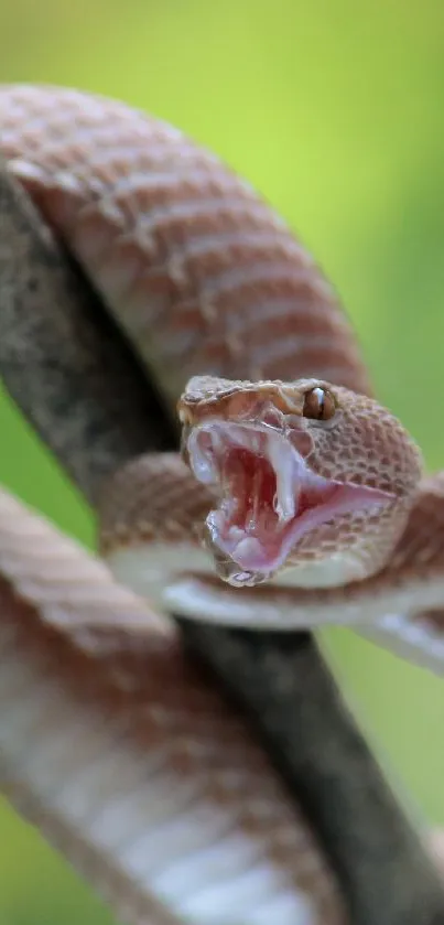 Detailed snake on branch against green blurred forest.