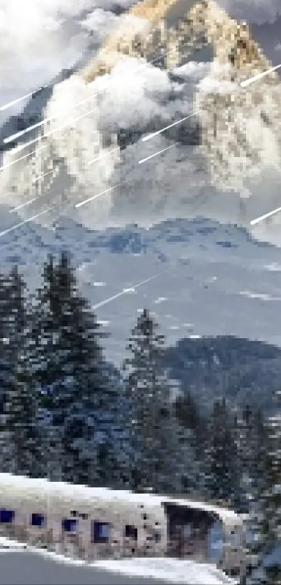 Breathtaking snowy mountain landscape with vibrant sky and pine trees.