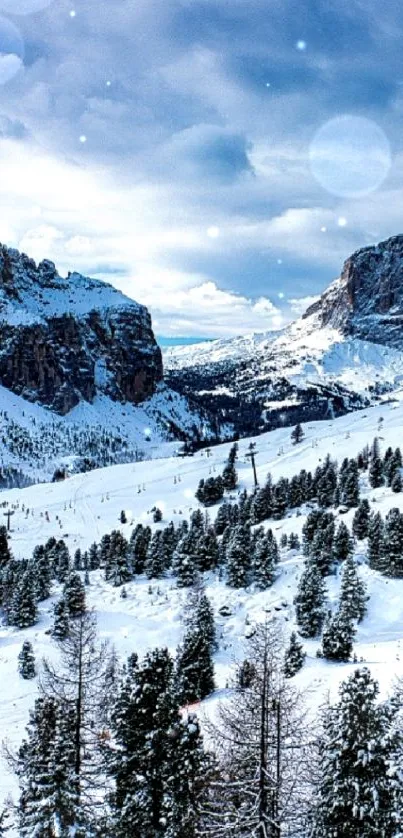 Snowy mountain landscape with pine trees and majestic peaks under a blue sky.