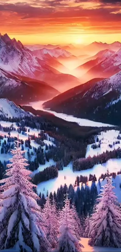 Snow-covered mountains at sunset with a vibrant sky.