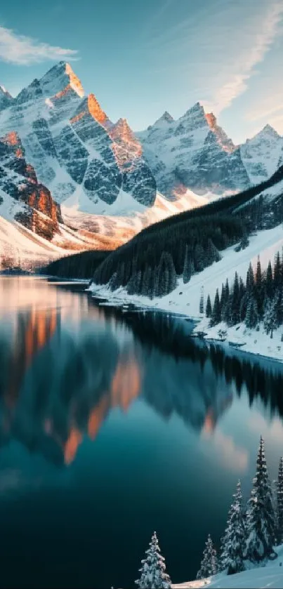 Snow-capped mountains reflected in a serene lake at sunrise.