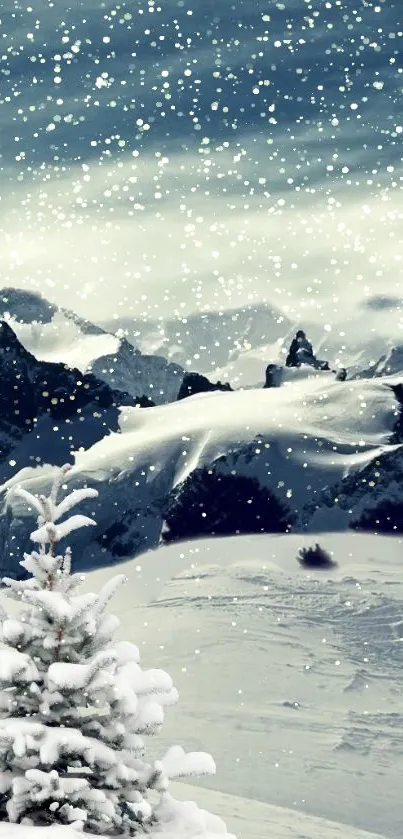 Snowy mountains under a cloudy sky in winter landscape wallpaper.