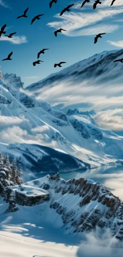 Breathtaking snowy mountain landscape with soaring birds.