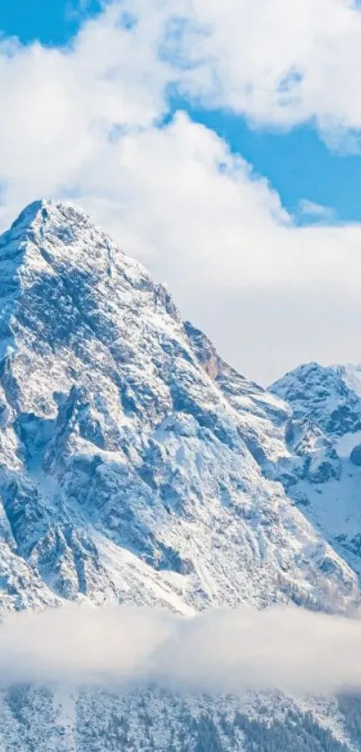 Snowy mountain with blue sky and clouds in mobile wallpaper.