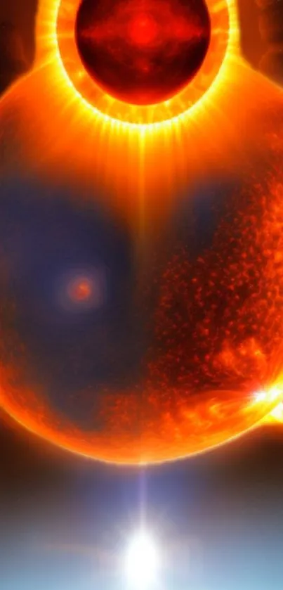 Solar eclipse digital art with vibrant orange glow.