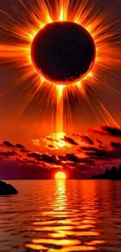 Solar eclipse over a sunset-lit ocean.