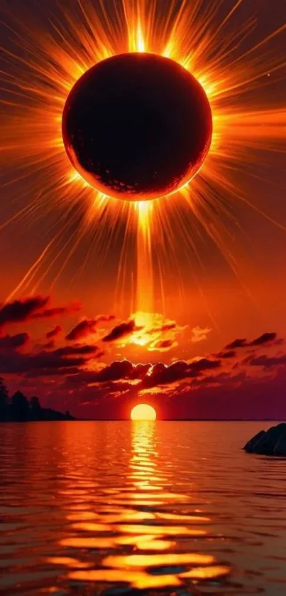 Solar eclipse over a vibrant ocean sunset scene.