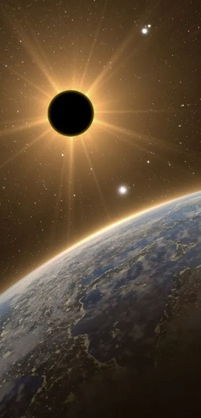 Beautiful view of solar eclipse over Earth in space.