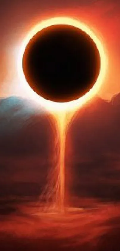 Solar eclipse art with dramatic red and black hues.