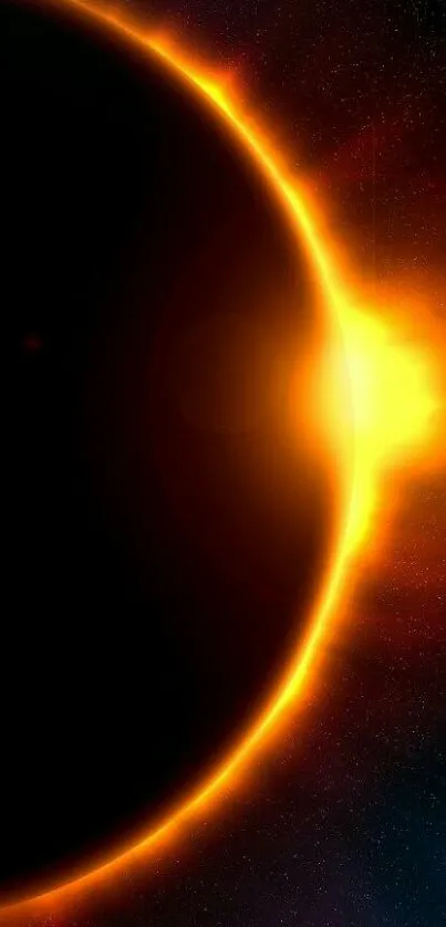 Solar eclipse with vibrant orange glow and dark background.