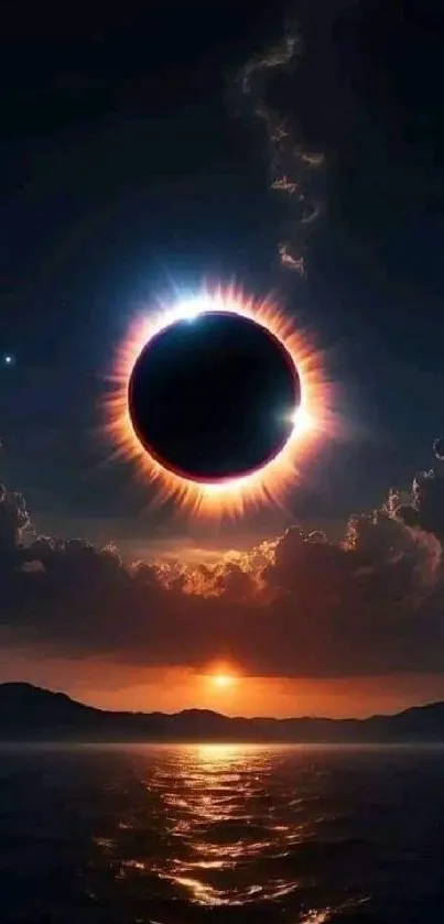 Breathtaking solar eclipse over ocean during sunset in dark sky.