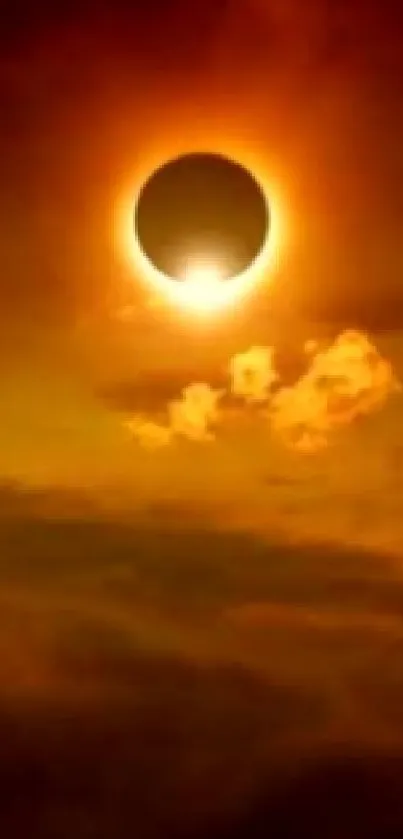 Mobile wallpaper showing a solar eclipse with vibrant orange sky.