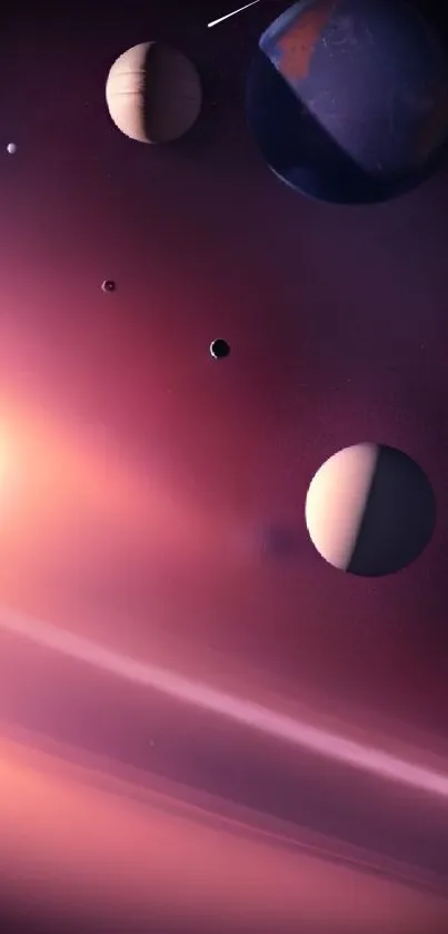 Solar system scene with planets and nebula in vibrant purple tones.