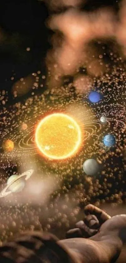 Vivid wallpaper of the solar system with a bright sun and orbiting planets.