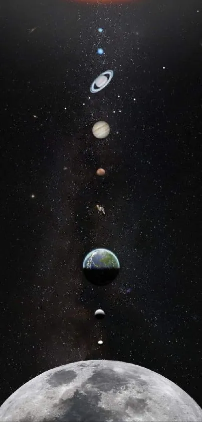 Solar system planets aligned against a starry sky.