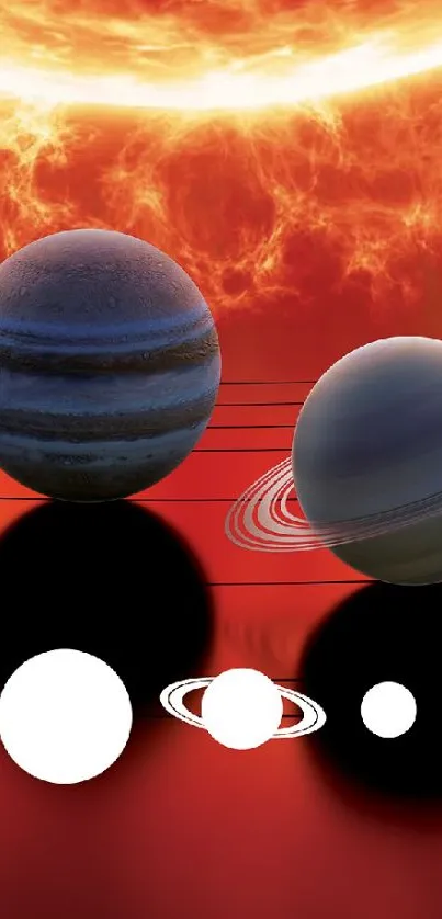 Fiery solar system wallpaper with planets aligned.